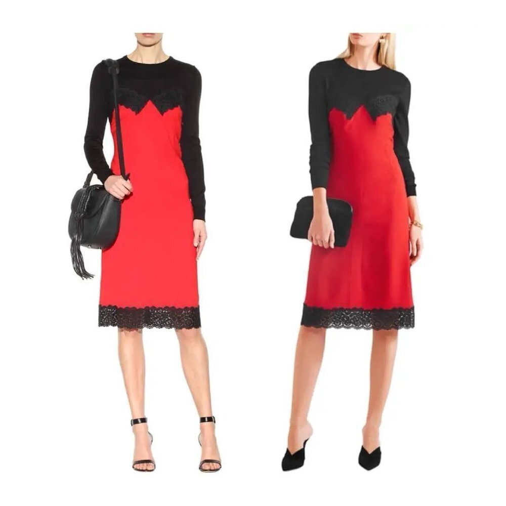 ALTUZARRA Debbie Dress NWT Red Black Midi Long Sleeves Lace Trim